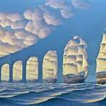 image for "The Sun Sets Sail", by Rob Gonsalves, acrylic on canvas, 2001. [2916x1438]