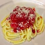 image for [homemade] White chocolate spaghetti, watermelon meatballs, raspberry sauce and white chocolate parmesan shavings...