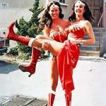 image for Lynda Carter being carried by her stunt double Jeannie Epper, 1975.