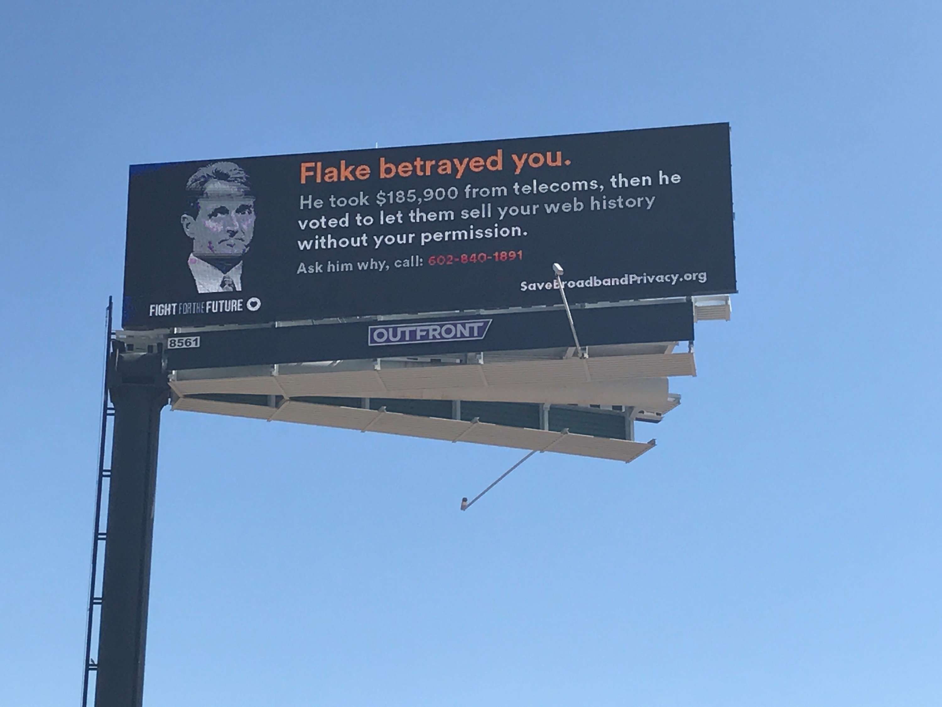 image for Jeff Flake Featured on I-10 Billboard: 'He Voted to Let Them Sell Your Web History'