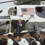image for Richard Nixon waves goodbye as he boards a helicopter after resigning the presidency earlier that day. (Aug. 9, 1974) [5190 x 3484]