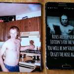 image for Dad cooking dinner topless in 1990 looking uncannily like Buffalo Bill from 'The Silence of the Lambs'; meme on my phone for comparison.
