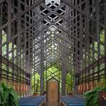 image for Inside the sanctuary of Thorncrown Chapel located in the Ozark Mountains. It measures 48 feet high, 60 feet long and a mere 24 feet wide and has a central skylight. [1877 × 2880]