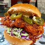 image for [I Ate] Cajun fried chicken sandwich with bacon chipotle aioli, 3-Cabbage slaw and jalapeños.