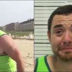 image for Left: Trump fan Alexander Downing screaming threats and obscenities at a Muslim family on the beach. Right: Downing in tears after he was arrested.