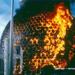 image for The Montreal Biosphère in flames after being ignited by welding work on the acrylic covering
