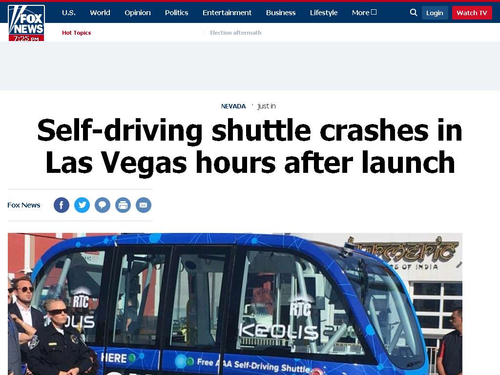 image for Self-driving shuttle crashes in Las Vegas hours after launch | Fox Ne…