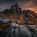 image for Golden fall larches collecting first light below Prusik Peak in The Enchantments, WA [OC] [2000x1310]