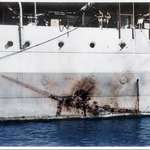 image for The Imprint of a Mitsubishi kamikaze Zero along the side of H.M.S Sussex. 1945. [1200x865]