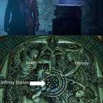 image for In Guardians of the Galaxy, when Peter Quill enters the Temple on Morag, the murals on the wall are of Death, Entropy, Infinity and Eternity, the Cosmic Entities who created the Infinity Stones.