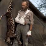 image for Carl Akeley posing with the leopard he killed with his bare hands after it attacked him, 1896