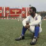 image for Pelé takes a break during the filming of Escape to Victory – in the stadium of a Jewish team filled with Nazi flags in a Communist country in 1981 [600x900]