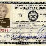 image for Marilyn Monroe’s Pentagon ID, issued to “Norma Jeane DiMaggio”, before she performed in front of US troops in South Korea, this week 1954