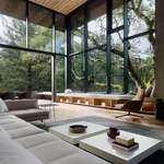 image for Tall and spacious living room opening up to a patio and garden surrounded with mature oak trees, Orinda, Contra Costa County, California [1200×800]