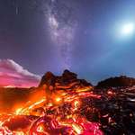 image for A meteor, The Milky Way, The Moon, and The lava flow together