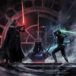 image for Luke Skywalker facing off Darth Vader as the Emperor watches - art by Nicolas Siner