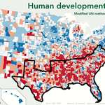 image for Borders of the Confederacy superimposed on a map of human development in the US [1667x982]