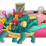 image for "Battle Turtle with shell mounted Peanut Butter and Jelly Sandwich Gun", ink and digital, 8.5x11"
