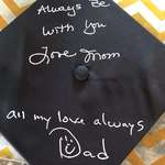 image for Both my parents have passed away and I wanted a way to include them at my commencement ceremony for my Bachelor’s Degree tomorrow. I uploaded cards they had each written and used my Cricut machine to put their writing on my graduation cap.