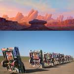 image for In Cars (2006) the mountain range is based on Cadillac Ranch in Amarillo, Texas.