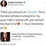 image for Angela thanks reddit for her birthday post â�¤ï¸�