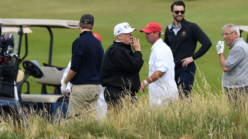 image for Protesters chant at Trump as he golfs in Scotland