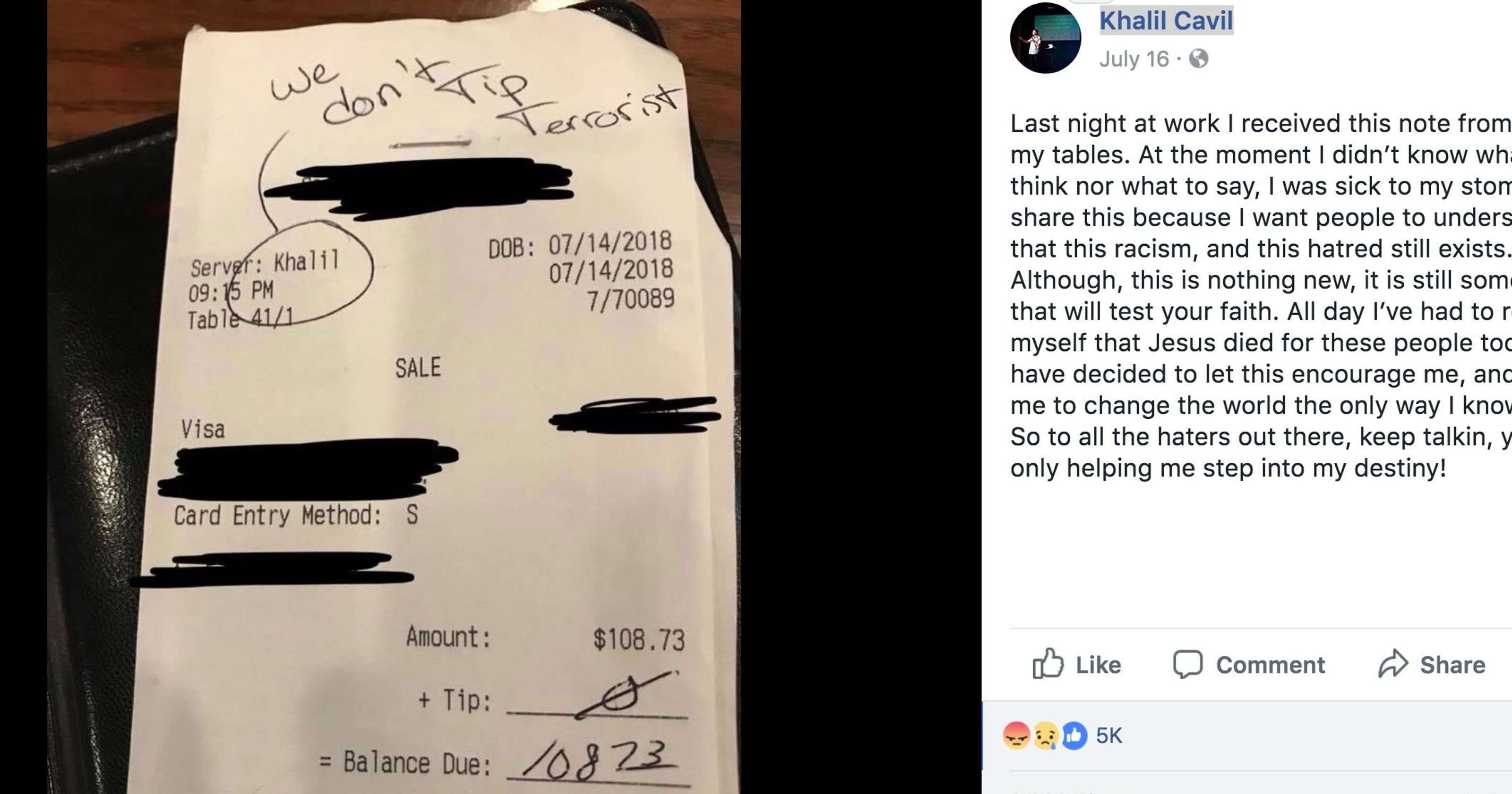 image for Customer who left racist ‘we don’t tip terrorist’ message banned from Texas restaurant