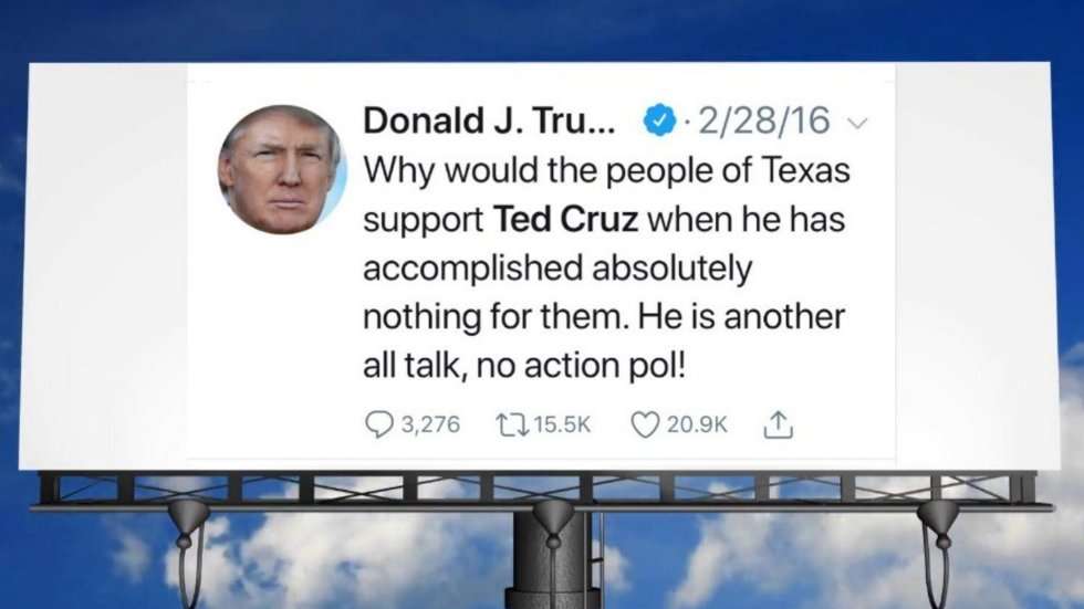 image for GoFundMe raises thousands to place billboard of Trump's anti-Cruz tweet in Texas