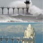 image for A lighthouse in Michigan, before and after major ice storm