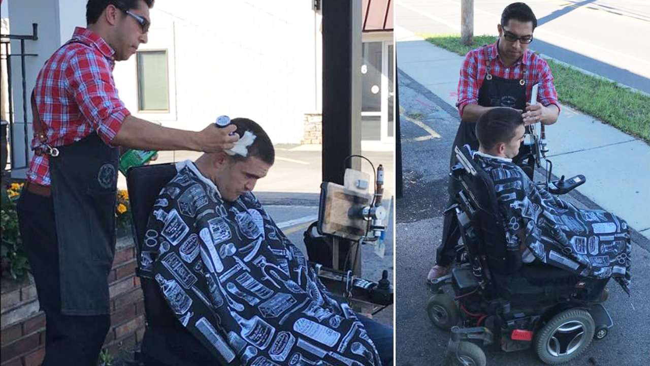 image for Barber Cuts Man's Hair on Sidewalk After He Couldn't Get Wheelchair Inside Shop