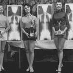 image for 1st, 2nd and 3rd Place in the Miss Correct Posture Contest pose with trophies and their X-rays (1956)