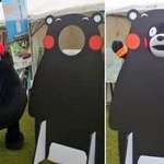 image for Japanese mascot Kumamon putting his face through his own cutout