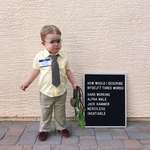image for Jenna Fischer's son dressed up as Dwight for Halloween.