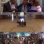 image for Back to the Future filmed at different gyms for scenes in 1985 vs. 1955. To justify this a school poster points out the 1985 gym is new.