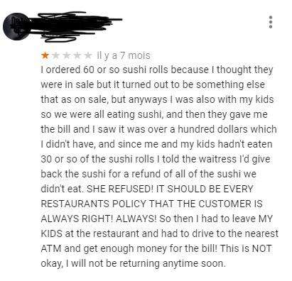 image showing A restaurant review I stumbled on. The customer is so many kinds of wrong.