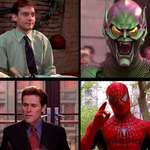 image for During the Thanksgiving scene in the first Spider-Man movie, Peter Parker is wearing the Green Goblin's colors, and Norman Osborn is wearing Spider-Man's colors.