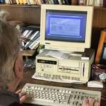 image for Grandpa still uses a decades old computer that still runs Dos, typing and printing and storing things on floppies.