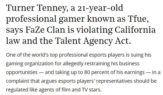 image for Rod Breslau auf Twitter: "JUST IN: @TTfue has filed a lawsuit against FaZe Clan today saying they are violating California law by allegedly restraining his business opportunities and taking up to 80% 