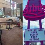 image for A few days ago a car drove through an Arby's. This was their sign today.
