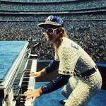 image for Elton John @ His Sold Out Dodgers Stadium Concert Wearing Rhinestone Encrusted Dodgers Uniform Designed by Bob Mackie (1975)