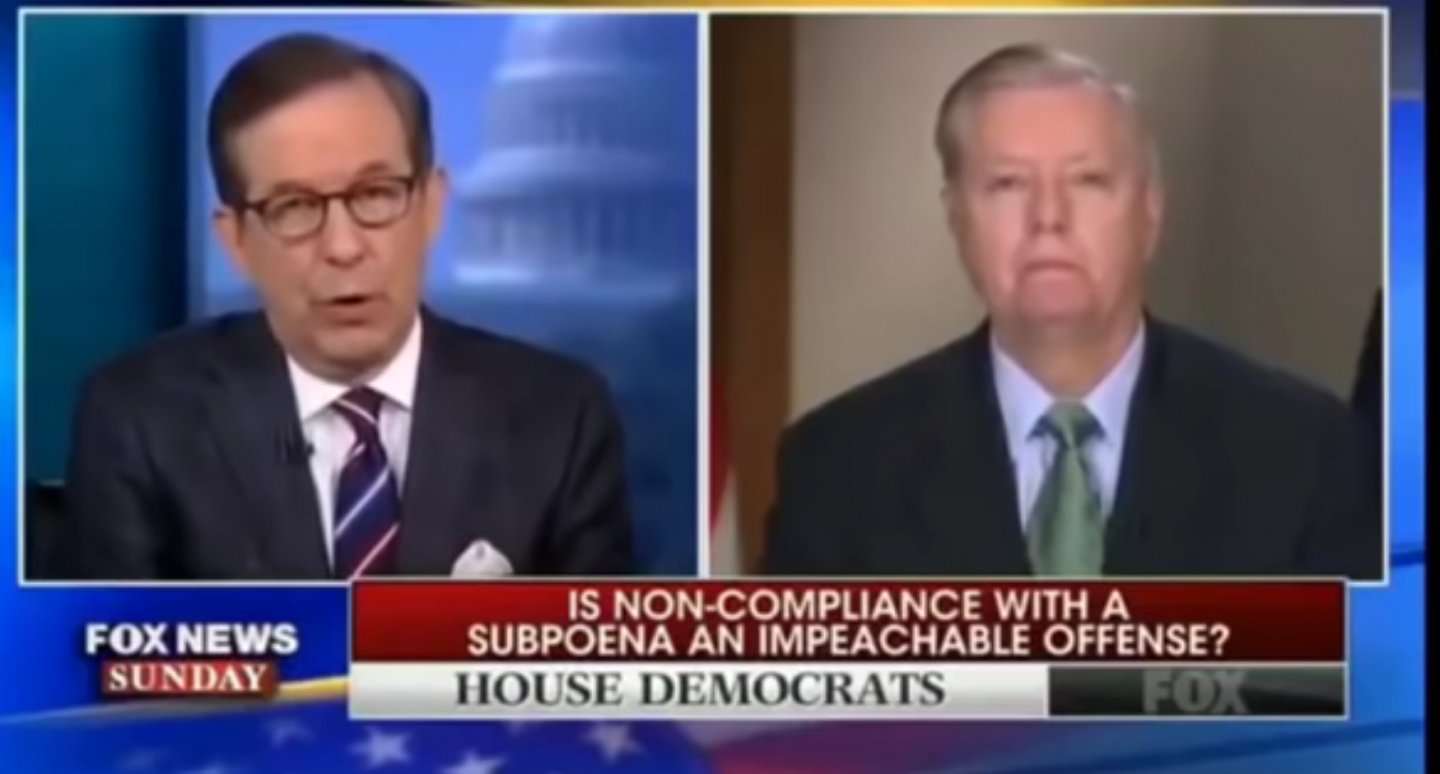 image for Fox News' Chris Wallace Challenges Lindsey Graham on his 1998 Claim That Ignoring Subpoenas Is Impeachable