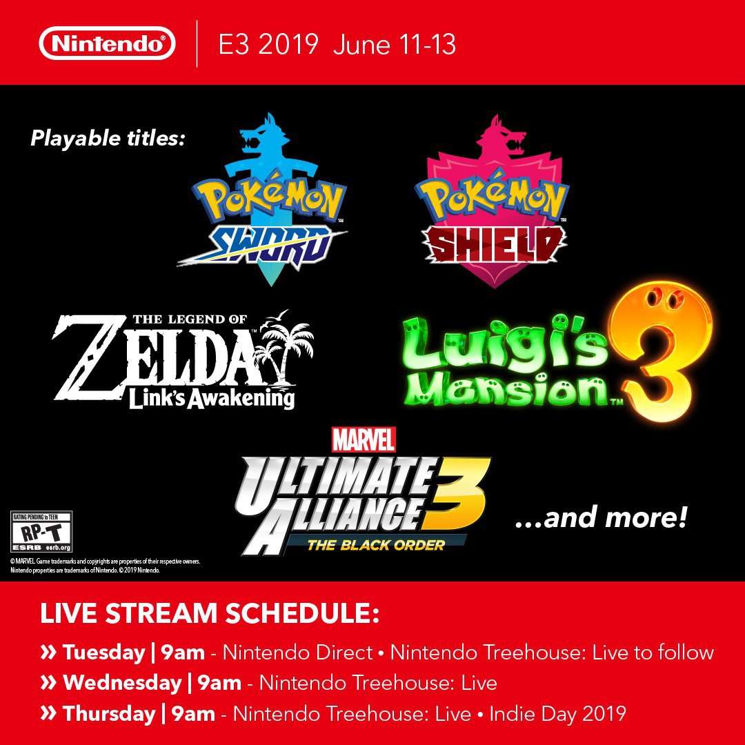 image for Nintendo of America auf Twitter: "Don’t miss your chance to play #LuigisMansion 3, #PokemonSwordShield & more for the first time @ #E32019! Tune into the #NintendoDirect @ 9amPT on 6