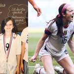 image for Rose Lavelle in Elementary School dressed as Mia Hamm and then her yesterday, after she scored a goal against the Netherlands.