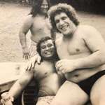 image for Here’s the “8th Wonder of the World” André the Giant, goofing around with his best friend (Dwayne “The Rock” Johnson’s 315lb grandfather), High Chief Peter Maivia. - 1970’s