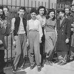 image for Girls show up in slacks at Abraham Lincoln High School, Brooklyn, NY, in protest because a classmate, Beverly Bernstein, was suspended the day before for wearing slacks. 1942