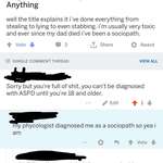 image for 14 yo claims to be a diagnosed sociopath on AMA, but forgot that that is in fact, impossible.