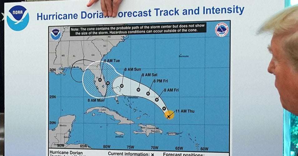 image for "If This Wasn't So Dangerous I'd Be Laughing": Trump Presents Outdated Dorian Forecast Map With Alabama Circled With Sharpie