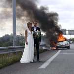 image for PsBattle: Just married couple in front of their burning car