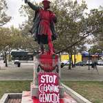 image for Columbus statue vandalized in providence, Rhode Island “stop celebrating genocide”