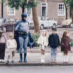 image for Adam West, dressed as Batman for the filming of a road safety ad for children (1967)
